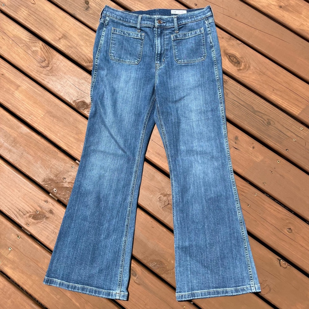 Gap Jeans 70s Flare High Rise Sailor Blue Stretch Denim 32 14 Short Petite